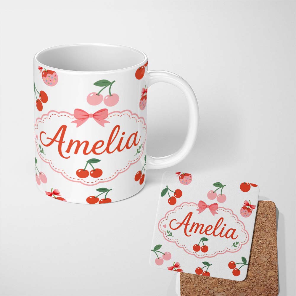 Personalized Custom Name Cute Cherry Fruit with Bow and Sprinkles Seamless Pattern Light Grey 11oz Ceramic Coffee Tea Mug White Large Handle