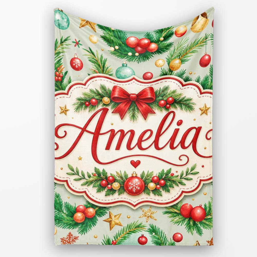 Watercolor Christmas Wreath Ornament Holly Berry Seamless Pattern Personalised Custom Name Super Soft Fleece Blanket Bed Sofa Throw