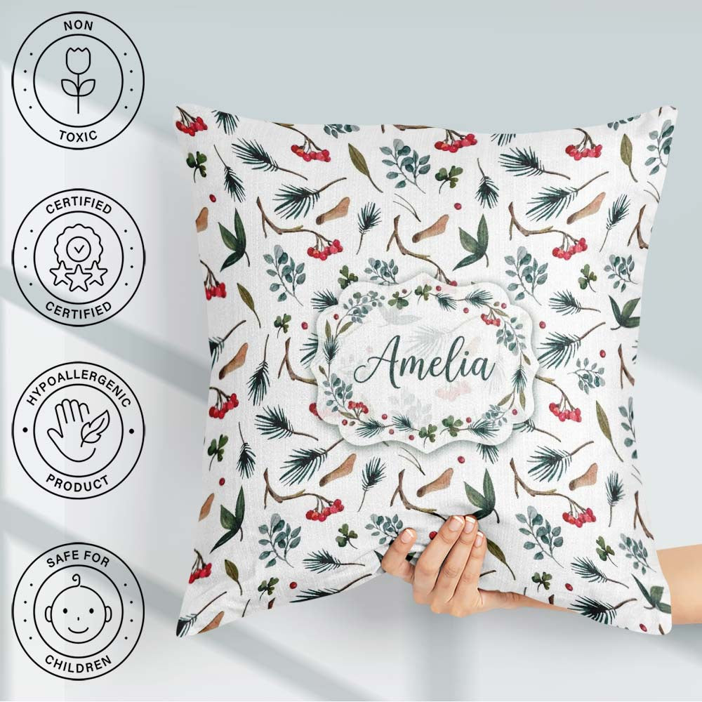 Custom Name Watercolor Winter Branch Pine Berry Natural Seamless Square Filled Cushion Throw Pillow Sofa Bed Home Decor Zip Washable UK Made