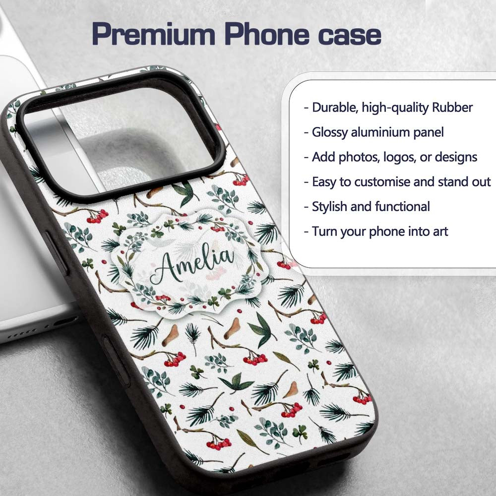 Watercolor Winter Branch Pine Leaf Berry Natural Custom Name Protective Phone Case Mobile Cover Durable Everyday Smartphone Shock Resistant