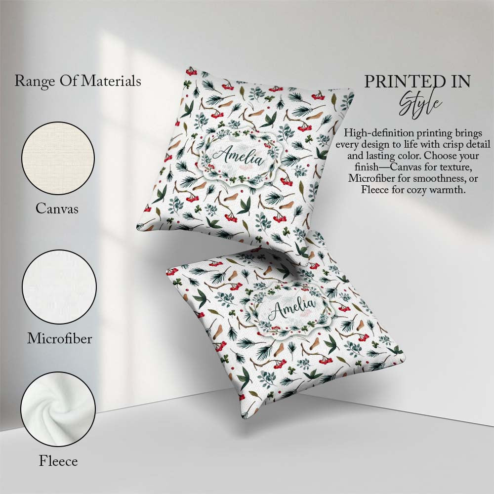 Custom Name Watercolor Winter Branch Pine Berry Natural Seamless Square Filled Cushion Throw Pillow Sofa Bed Home Decor Zip Washable UK Made
