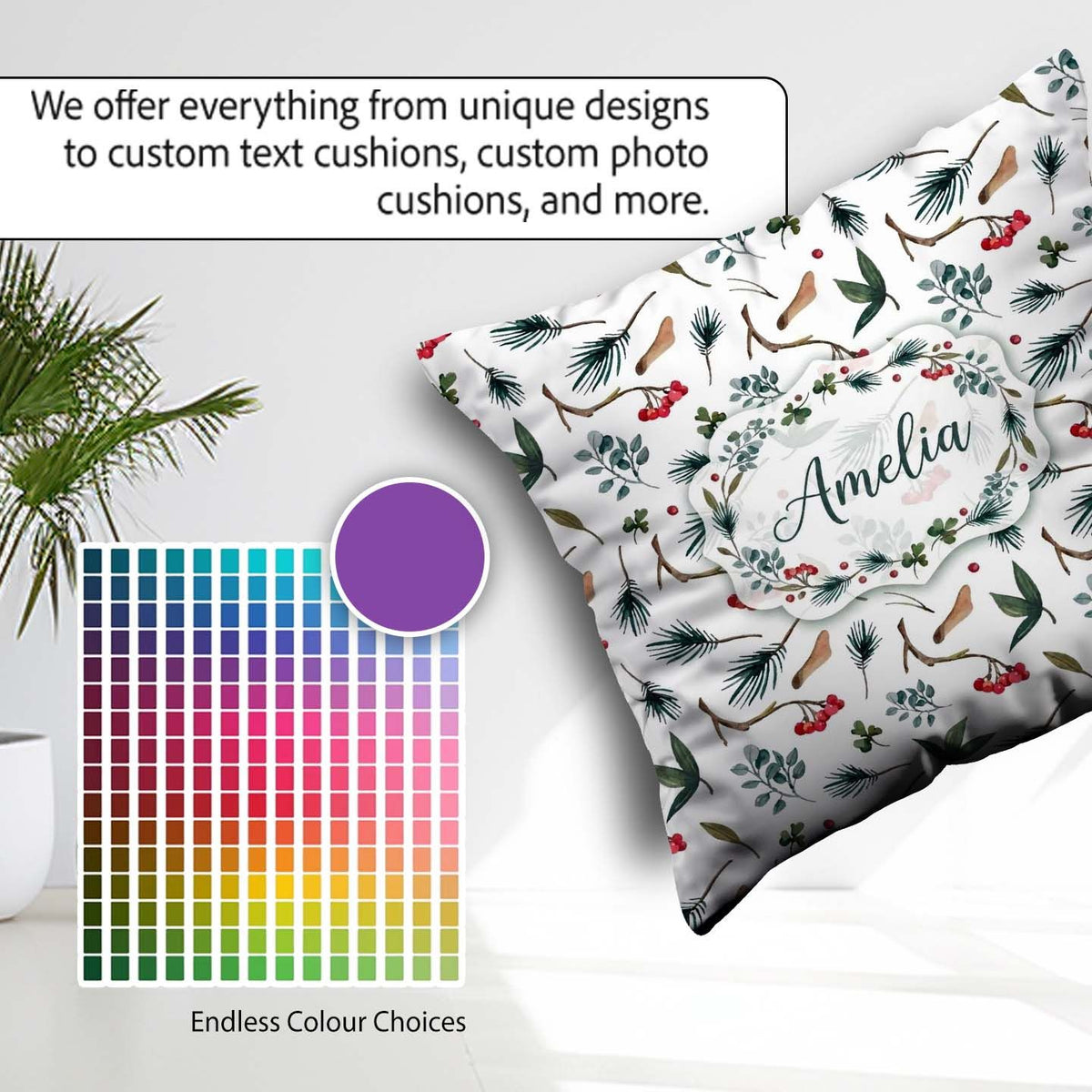 Custom Name Watercolor Winter Branch Pine Berry Natural Seamless Square Filled Cushion Throw Pillow Sofa Bed Home Decor Zip Washable UK Made