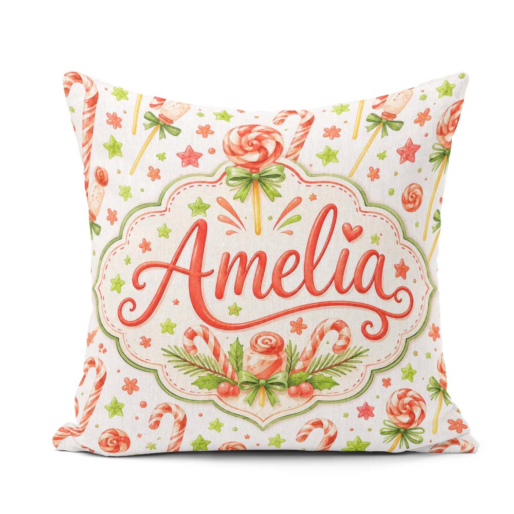 Custom Name Cute Candy Cane Lollipop Sweet Treat Festive Pattern Square Filled Cushion Throw Pillow Sofa Bed Home Decor Zip Washable UK Made