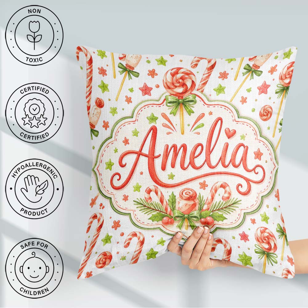 Custom Name Cute Candy Cane Lollipop Sweet Treat Festive Pattern Square Filled Cushion Throw Pillow Sofa Bed Home Decor Zip Washable UK Made