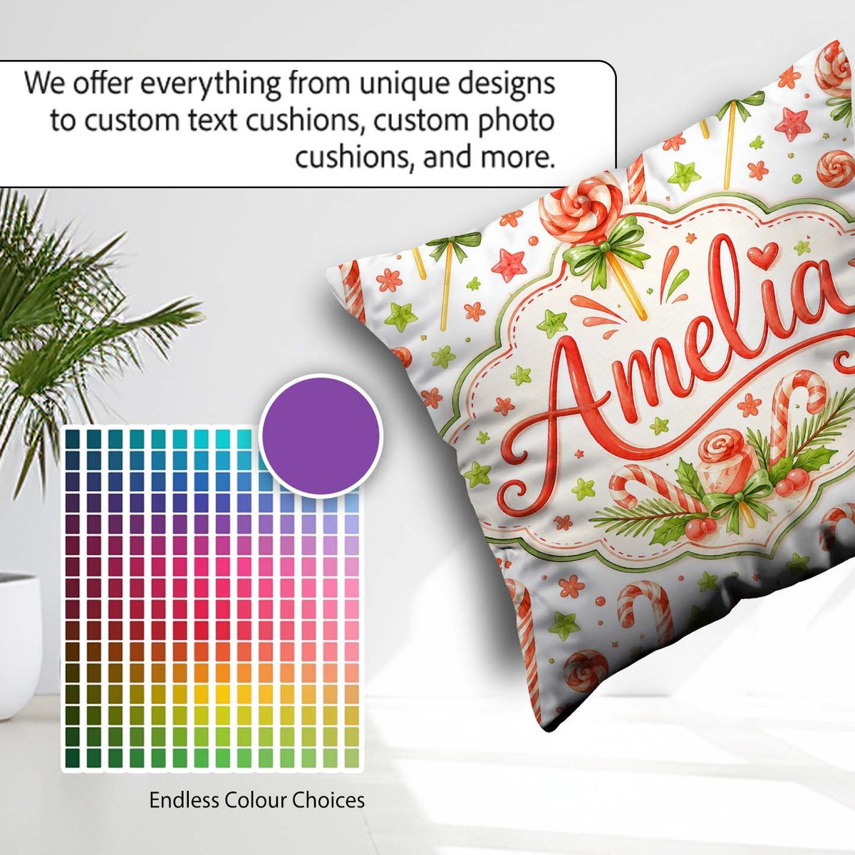 Custom Name Cute Candy Cane Lollipop Sweet Treat Festive Pattern Square Filled Cushion Throw Pillow Sofa Bed Home Decor Zip Washable UK Made