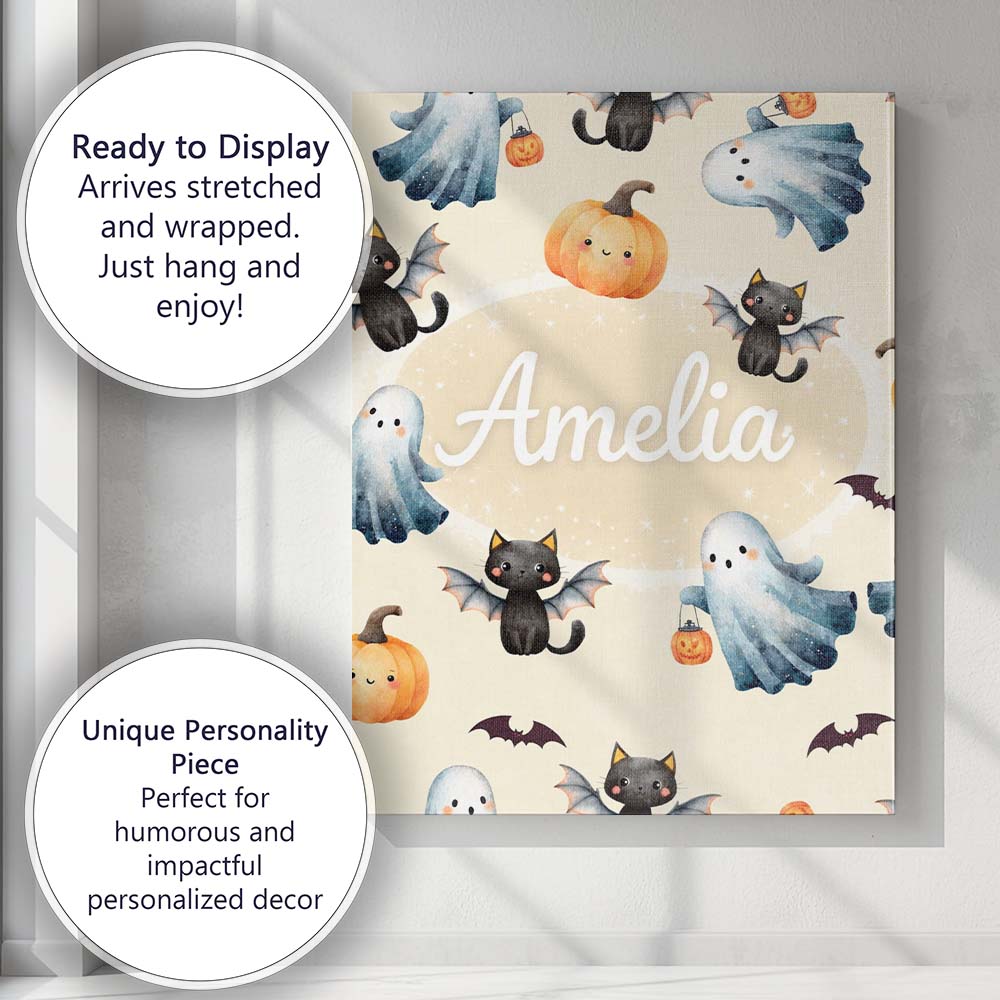 Personalised Name Halloween Ghost Pumpkin Cat Seamless Pattern Beige Custom Home Canvas Wall Art Print Decor Picture Ready to Hang