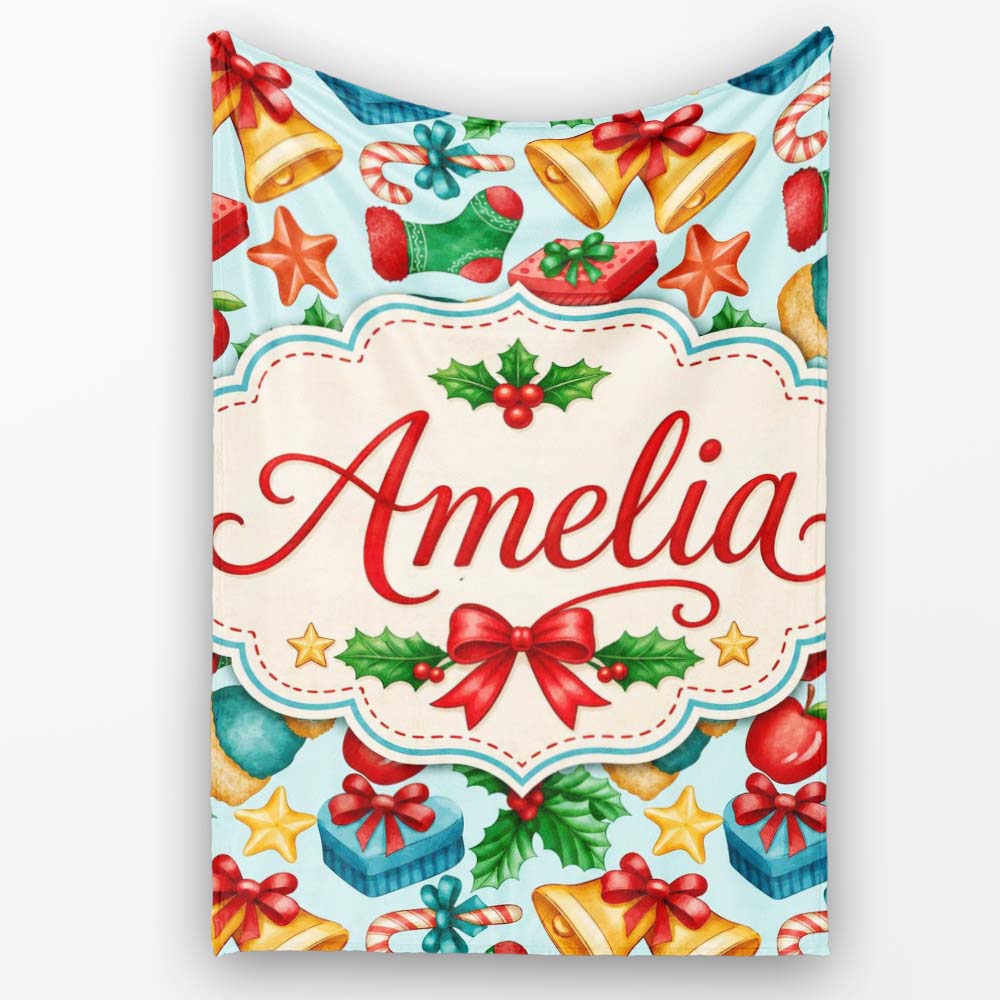 Cute Christmas Bells Gift Sock Holly Apple Seamless Pattern Lovely Personalised Custom Name Super Soft Fleece Blanket Bed Sofa Throw