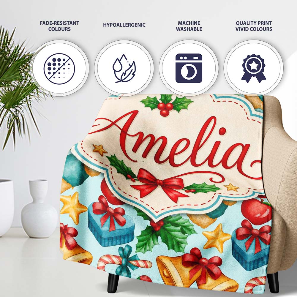 Cute Christmas Bells Gift Sock Holly Apple Seamless Pattern Lovely Personalised Custom Name Super Soft Fleece Blanket Bed Sofa Throw