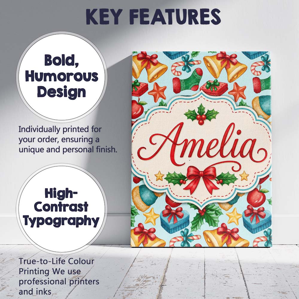 Personalised Name Cute Christmas Bells Custom Modern Room Accent Elegant Feature Canvas Wall Art Print Decor Picture Ready to Hang