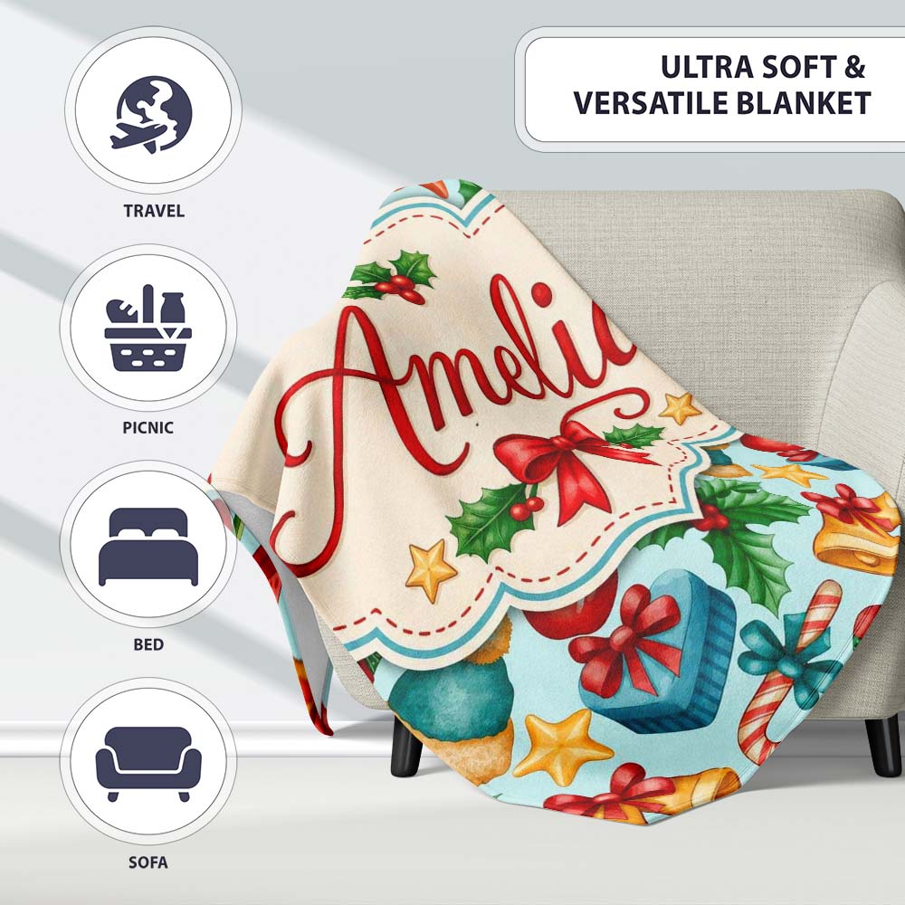 Cute Christmas Bells Gift Sock Holly Apple Seamless Pattern Lovely Personalised Custom Name Super Soft Fleece Blanket Bed Sofa Throw