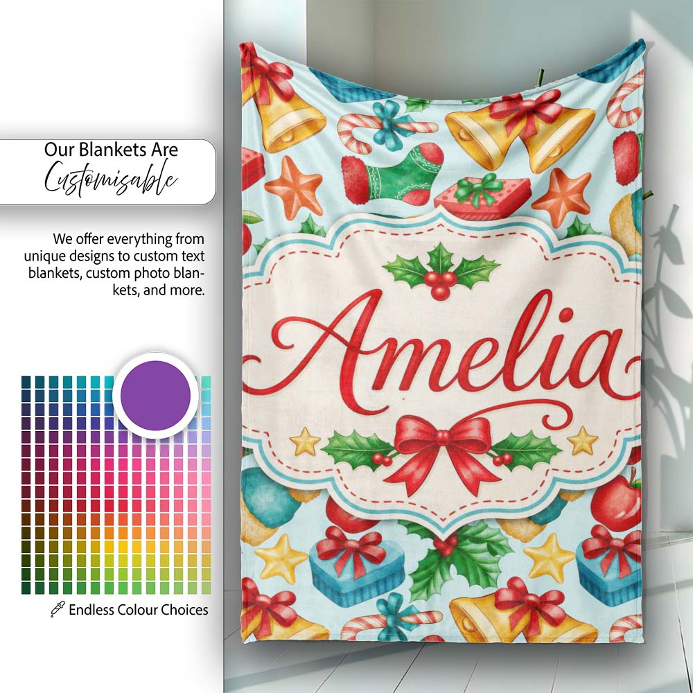 Cute Christmas Bells Gift Sock Holly Apple Seamless Pattern Lovely Personalised Custom Name Super Soft Fleece Blanket Bed Sofa Throw