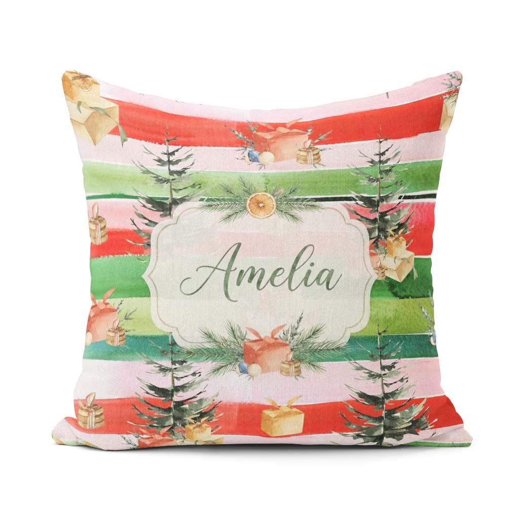 Custom Name Watercolor Christmas Tree Gift Box Stripe Background Square Filled Cushion Throw Pillow Sofa Bed Home Decor Zip Washable UK Made