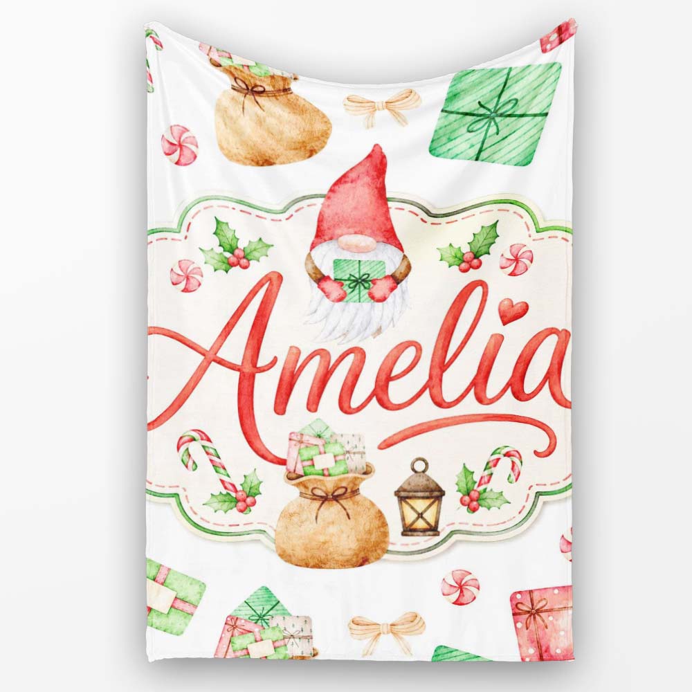 Cute Christmas Gnome Gift Candy Cane Holiday Seamless Pattern Lovely Personalised Custom Name Super Soft Fleece Blanket Bed Sofa Throw