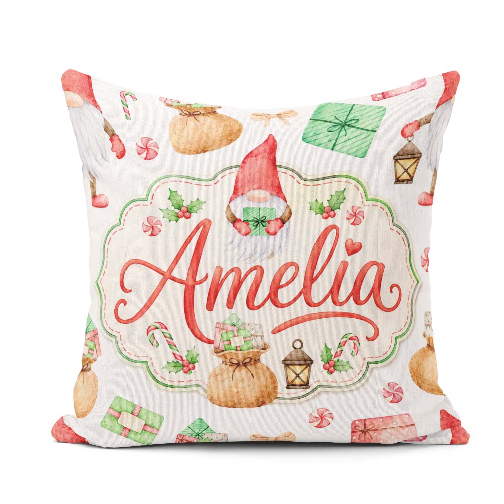 Custom Name Christmas Gnome Candy Cane Holiday Seamless Pattern Square Filled Cushion Throw Pillow Sofa Bed Home Decor Zip Washable UK Made