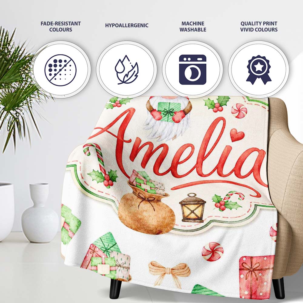 Cute Christmas Gnome Gift Candy Cane Holiday Seamless Pattern Lovely Personalised Custom Name Super Soft Fleece Blanket Bed Sofa Throw