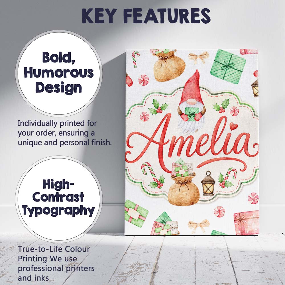 Personalised Name Cute Christmas Gnome Custom Modern Room Accent Elegant Feature Canvas Wall Art Print Decor Picture Ready to Hang
