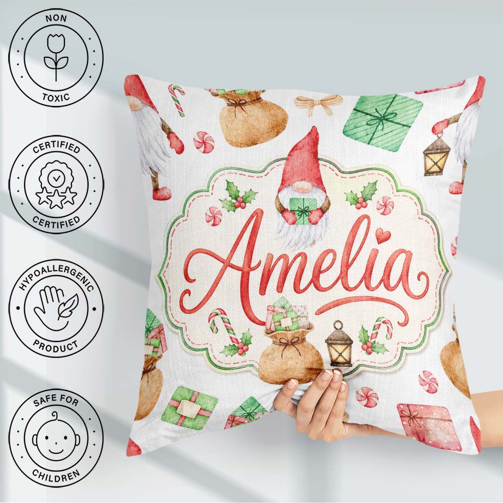 Custom Name Christmas Gnome Candy Cane Holiday Seamless Pattern Square Filled Cushion Throw Pillow Sofa Bed Home Decor Zip Washable UK Made