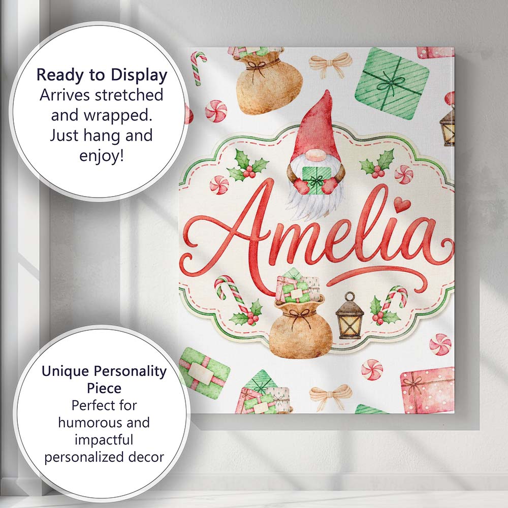 Personalised Name Cute Christmas Gnome Custom Modern Room Accent Elegant Feature Canvas Wall Art Print Decor Picture Ready to Hang