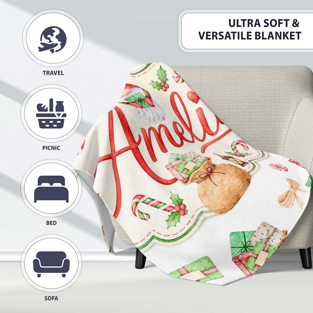 Cute Christmas Gnome Gift Candy Cane Holiday Seamless Pattern Lovely Personalised Custom Name Super Soft Fleece Blanket Bed Sofa Throw