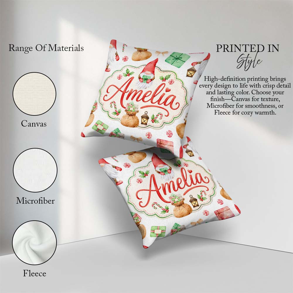 Custom Name Christmas Gnome Candy Cane Holiday Seamless Pattern Square Filled Cushion Throw Pillow Sofa Bed Home Decor Zip Washable UK Made