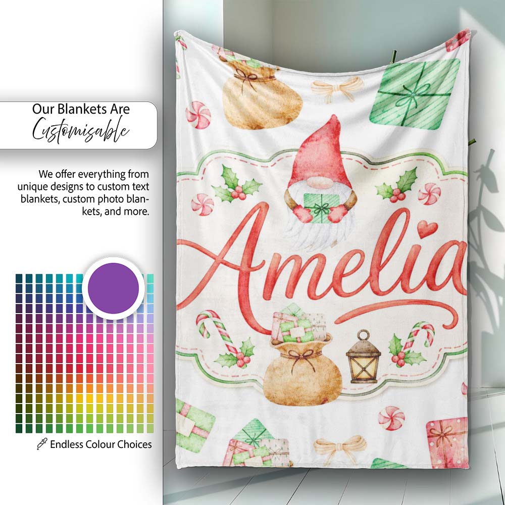 Cute Christmas Gnome Gift Candy Cane Holiday Seamless Pattern Lovely Personalised Custom Name Super Soft Fleece Blanket Bed Sofa Throw