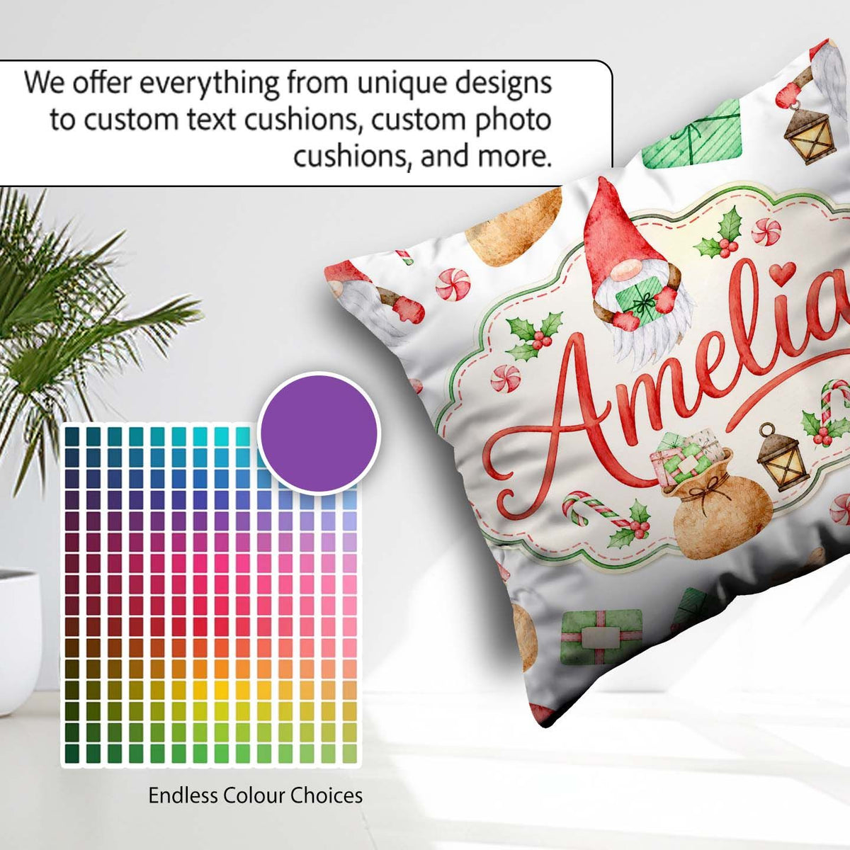 Custom Name Christmas Gnome Candy Cane Holiday Seamless Pattern Square Filled Cushion Throw Pillow Sofa Bed Home Decor Zip Washable UK Made
