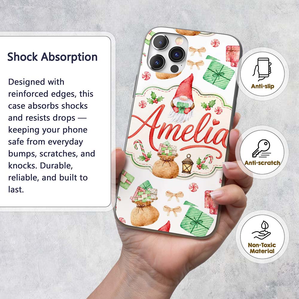 Cute Christmas Gnome Gift Candy Cane Holiday Custom Name Protective Phone Case Mobile Cover Durable Everyday Smartphone Shock Resistant