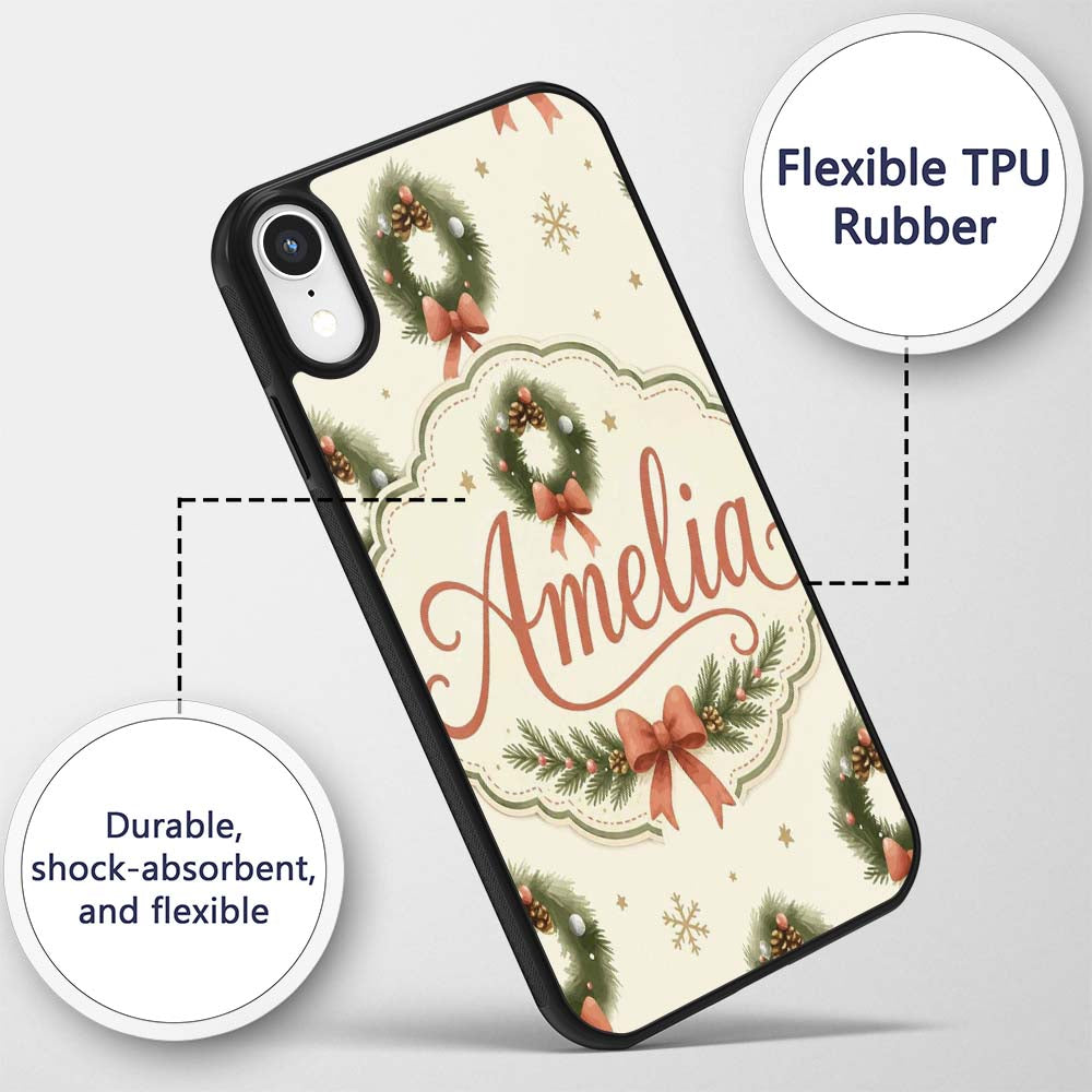 Watercolor Christmas Wreath Bow Printed Design Custom Name Protective Phone Case Mobile Cover Durable Everyday Smartphone Shock Resistant