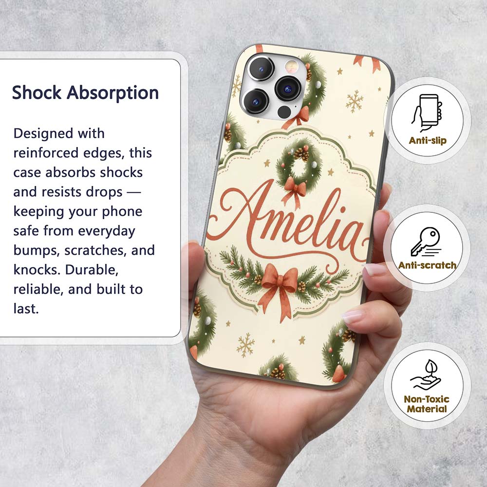 Watercolor Christmas Wreath Bow Printed Design Custom Name Protective Phone Case Mobile Cover Durable Everyday Smartphone Shock Resistant