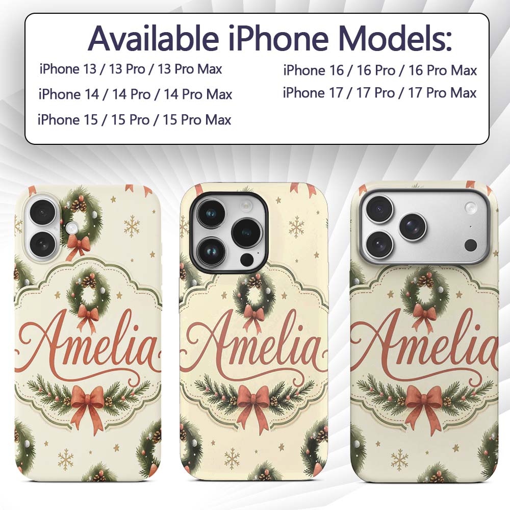Watercolor Christmas Wreath Bow Printed Design Custom Name Protective Phone Case Mobile Cover Durable Everyday Smartphone Shock Resistant