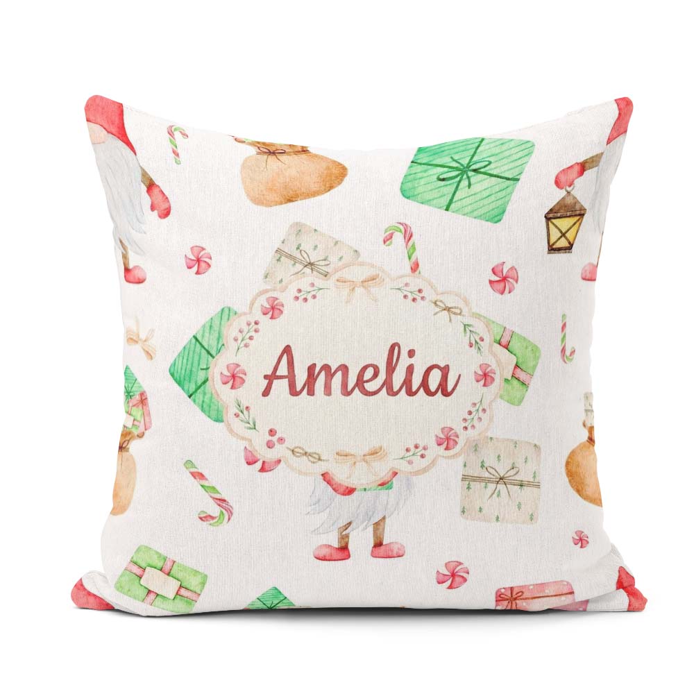 Custom Name Christmas Gnome Present Candy Cane Holiday Seamless Square Filled Cushion Throw Pillow Sofa Bed Home Decor Zip Washable UK Made
