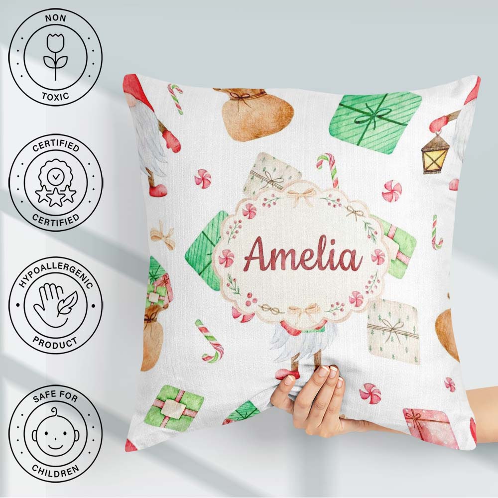 Custom Name Christmas Gnome Present Candy Cane Holiday Seamless Square Filled Cushion Throw Pillow Sofa Bed Home Decor Zip Washable UK Made
