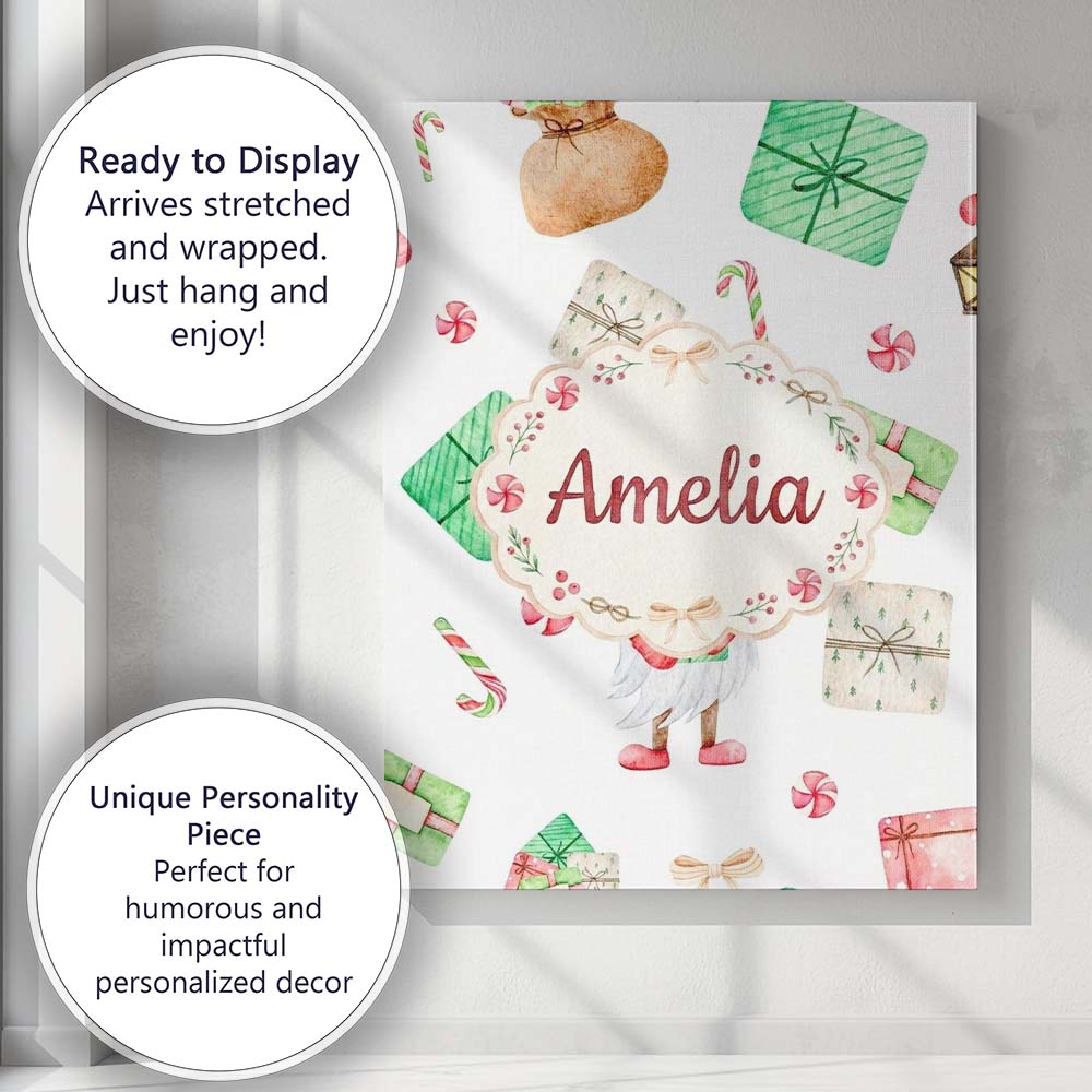 Personalised Name Cute Christmas Gnome Custom Modern Room Accent Elegant Feature Canvas Wall Art Print Decor Picture Ready to Hang