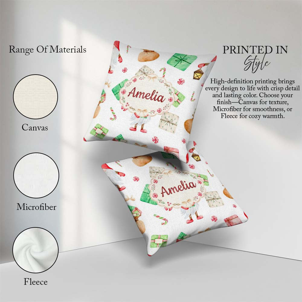 Custom Name Christmas Gnome Present Candy Cane Holiday Seamless Square Filled Cushion Throw Pillow Sofa Bed Home Decor Zip Washable UK Made