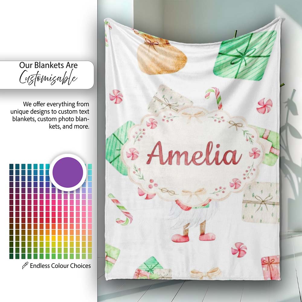 Cute Christmas Gnome Present Candy Cane Holiday Seamless Pattern Personalised Custom Name Super Soft Fleece Blanket Bed Sofa Throw