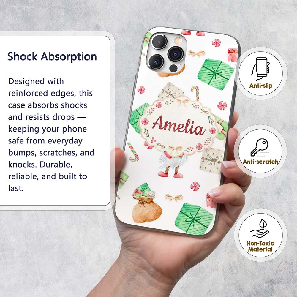 Cute Christmas Gnome Present Candy Cane Holiday Custom Name Protective Phone Case Mobile Cover Durable Everyday Smartphone Shock Resistant