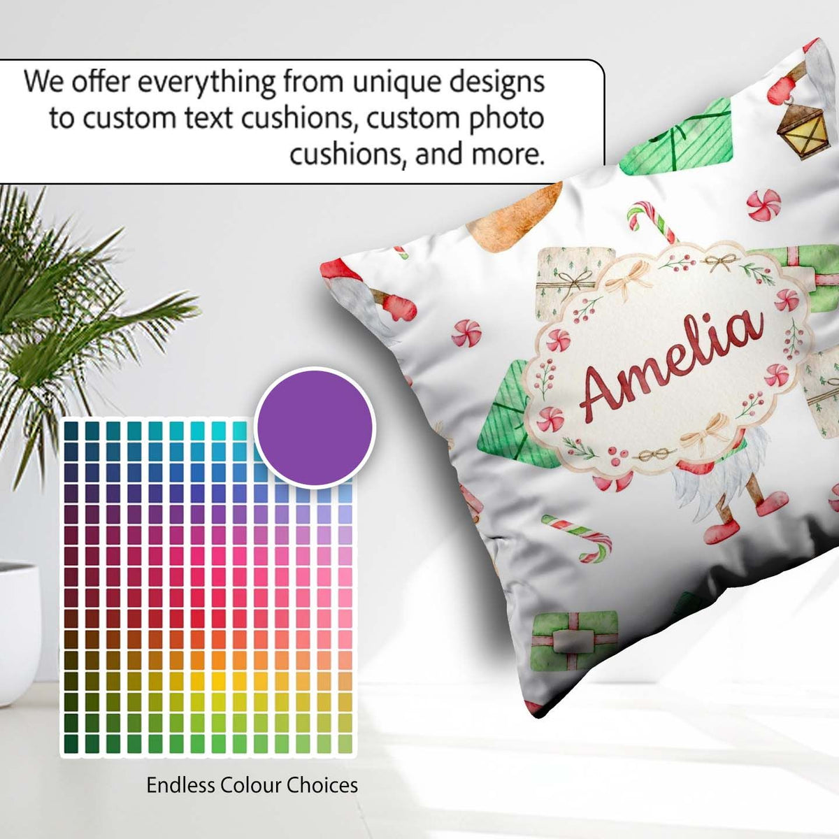 Custom Name Christmas Gnome Present Candy Cane Holiday Seamless Square Filled Cushion Throw Pillow Sofa Bed Home Decor Zip Washable UK Made