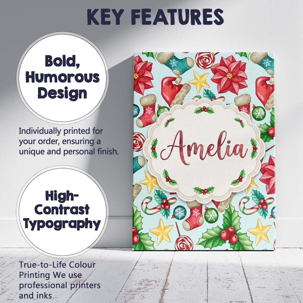 Personalised Name Cute Christmas Poinsettia Custom Bespoke Interior Contemporary Canvas Wall Art Print Decor Picture Ready to Hang