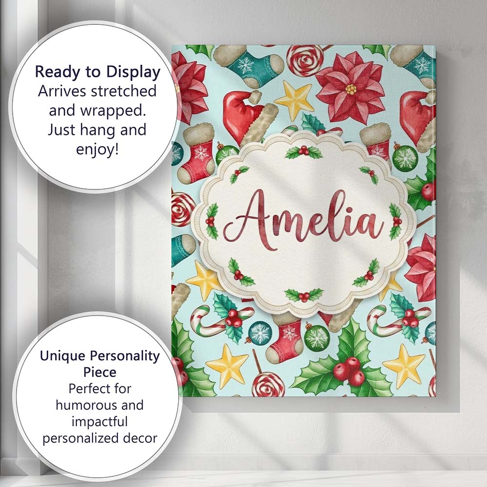 Personalised Name Cute Christmas Poinsettia Custom Bespoke Interior Contemporary Canvas Wall Art Print Decor Picture Ready to Hang