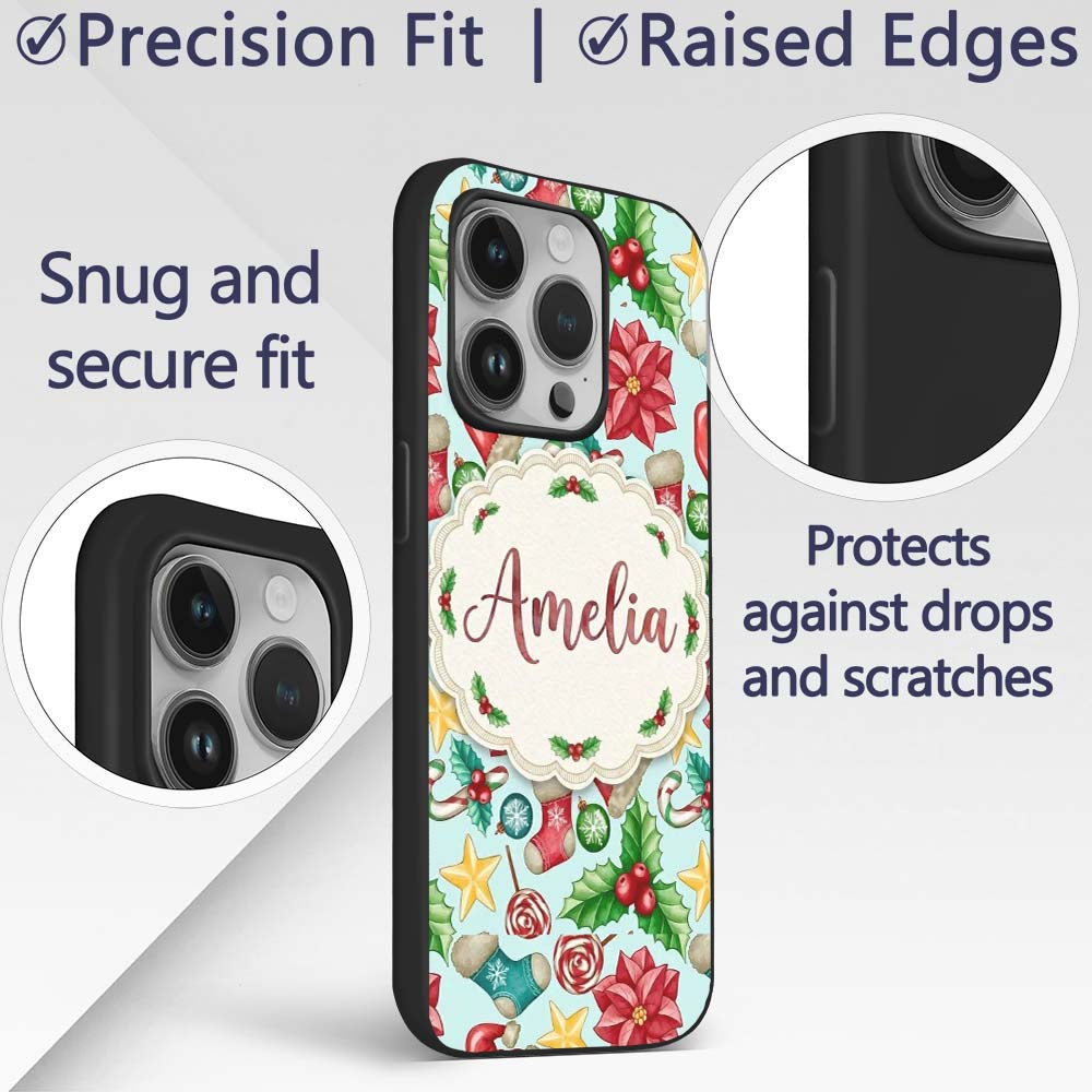 Cute Christmas Poinsettia Holly Printed Design Custom Name Protective Phone Case Mobile Cover Durable Everyday Smartphone Shock Resistant