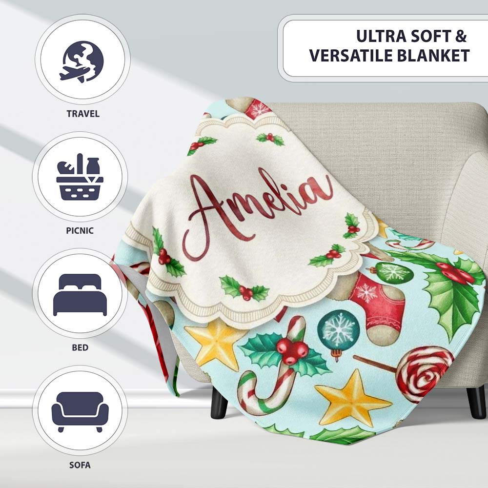 Cute Christmas Poinsettia Holly Candy Cane Festive Seamless Pattern Personalised Custom Name Super Soft Fleece Blanket Bed Sofa Throw
