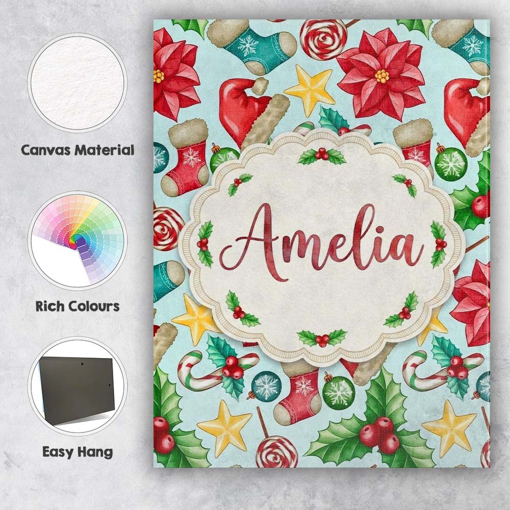 Personalised Name Cute Christmas Poinsettia Custom Bespoke Interior Contemporary Canvas Wall Art Print Decor Picture Ready to Hang