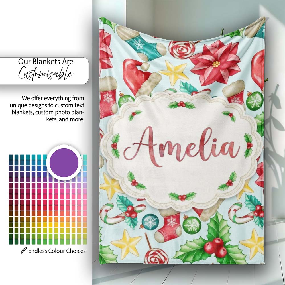 Cute Christmas Poinsettia Holly Candy Cane Festive Seamless Pattern Personalised Custom Name Super Soft Fleece Blanket Bed Sofa Throw