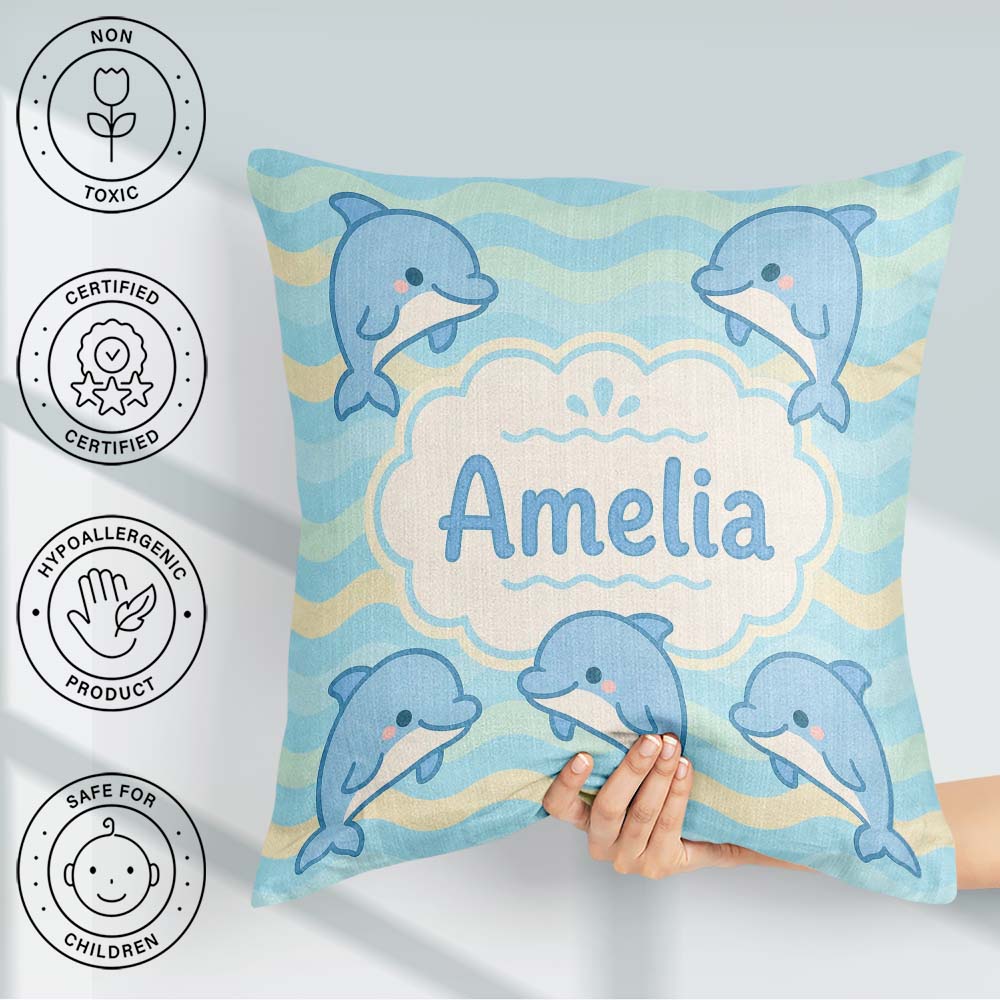 Custom Name Cute Dolphin Waves Cartoon Animal Pattern Cute Gift Square Filled Cushion Throw Pillow Sofa Bed Home Decor Zip Washable UK Made