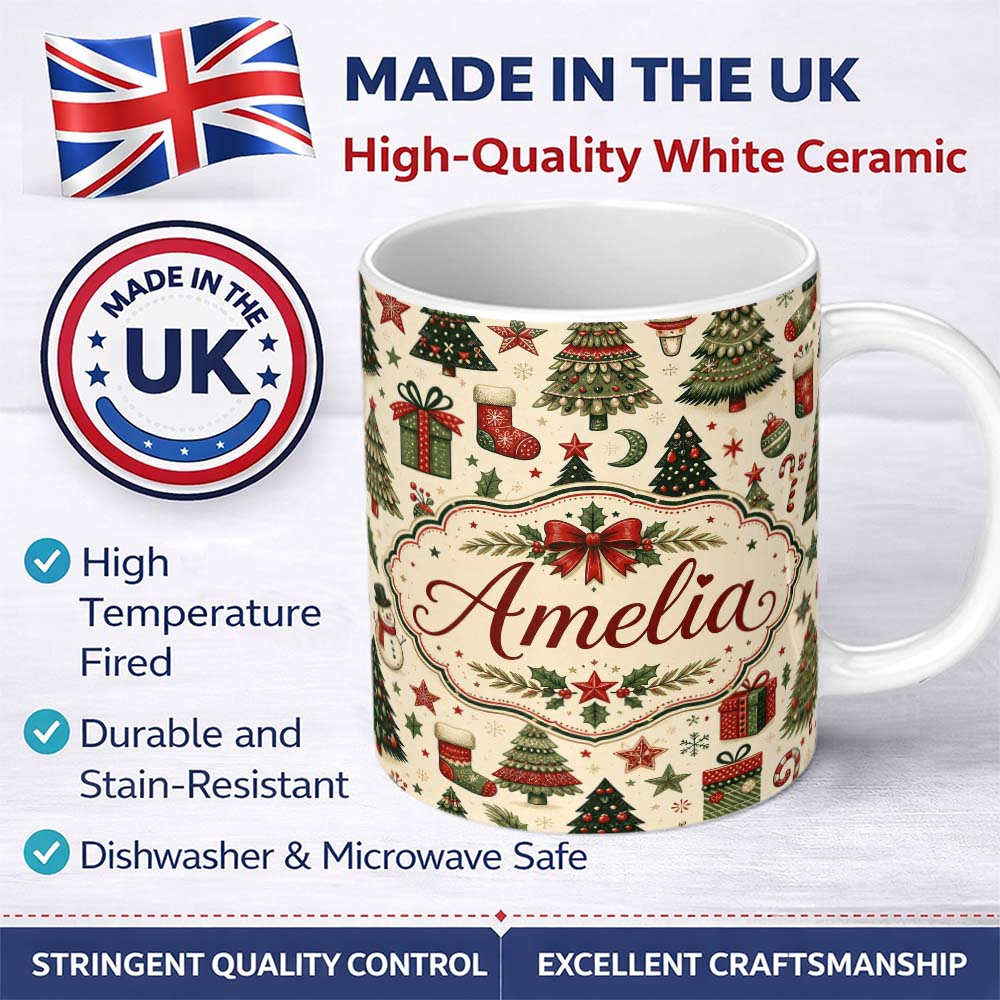 Personalized Custom Name Elegant Christmas Trees Baubles Stars Seamless Pattern Festive 11oz Ceramic Coffee Tea Mug White Large Handle