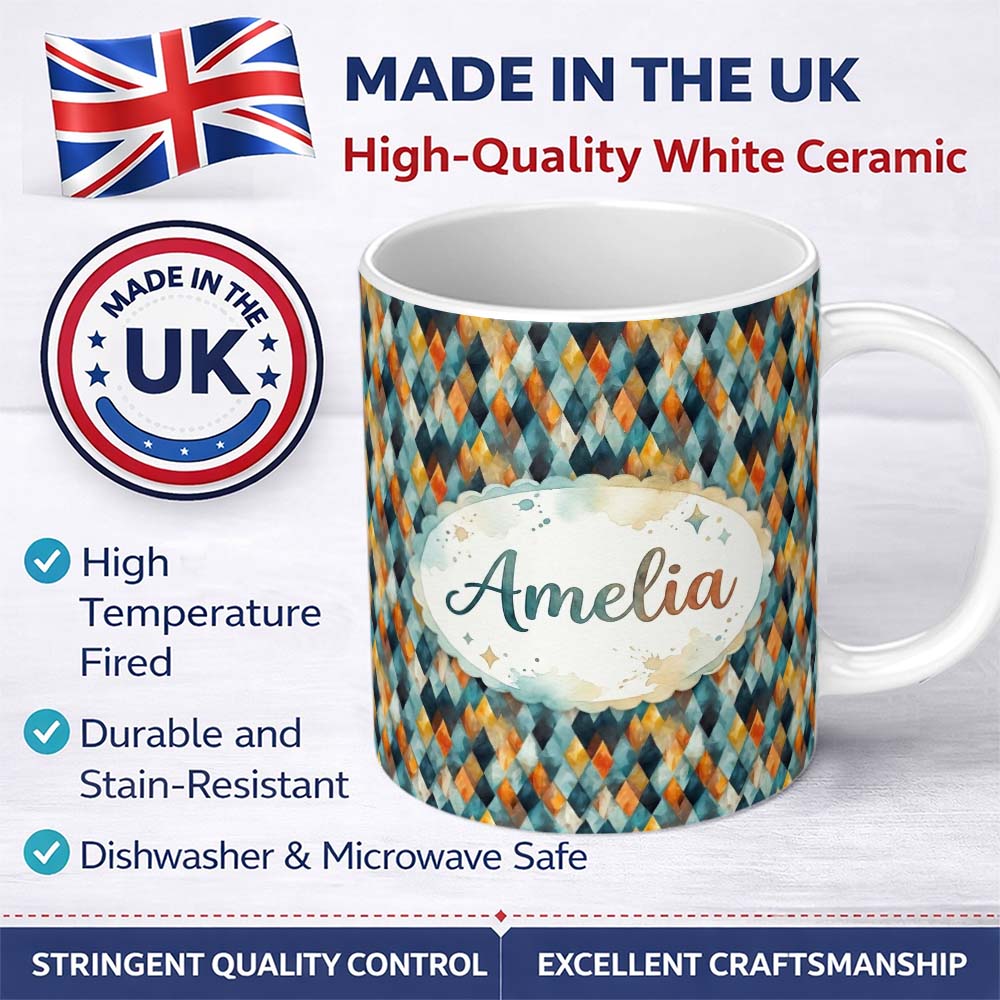 Personalized Custom Name Abstract Diamond Mosaic Seamless Pattern in Teal Orange Blue Lovely 11oz Ceramic Coffee Tea Mug White Large Handle