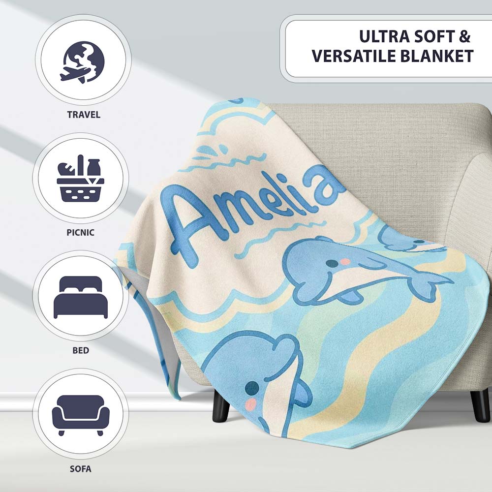 Cute Dolphin Waves Cartoon Animal Pattern Cute Unique Gift Lovely Personalised Custom Name Super Soft Fleece Blanket Bed Sofa Throw