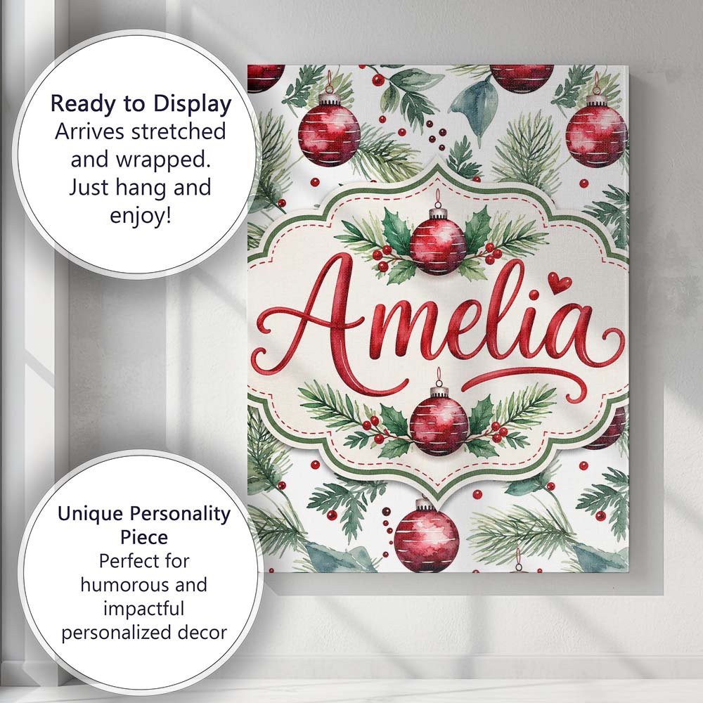 Personalised Name Watercolor Red Bauble Custom Modern Room Accent Elegant Feature Canvas Wall Art Print Decor Picture Ready to Hang