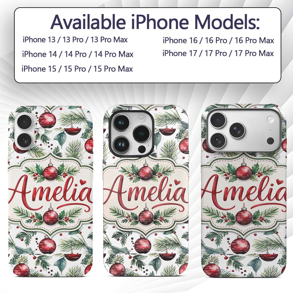 Watercolor Red Bauble Pine Leaf Berry Holiday Custom Name Protective Phone Case Mobile Cover Durable Everyday Smartphone Shock Resistant