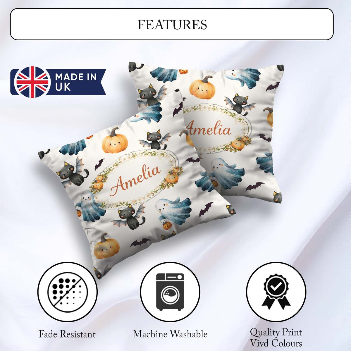 Custom Name Ghost Pumpkin Cat Seamless Pattern Light Grey Spooky Square Filled Cushion Throw Pillow Sofa Bed Home Decor Zip Washable UK Made